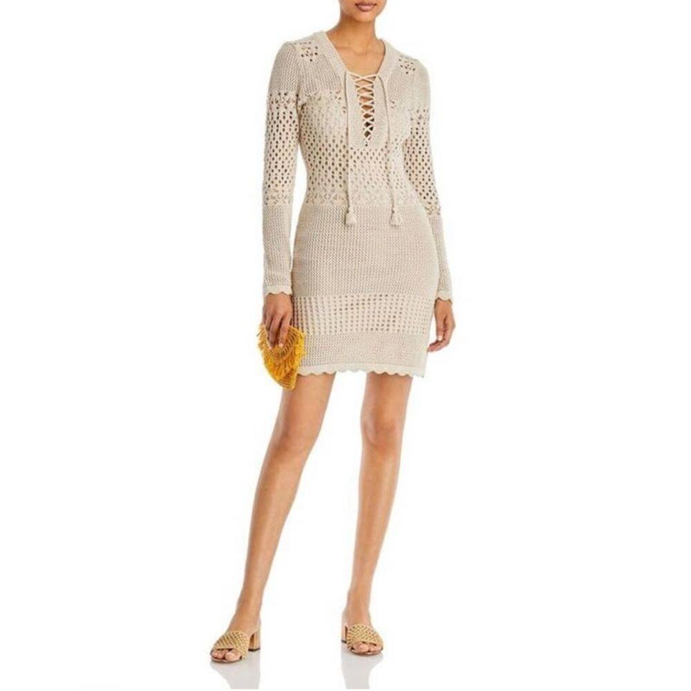 NWT AQUA Crochet Tan Long Sleeve Lace Up Dress Size Medium